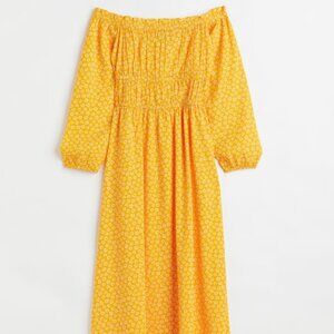 H&M Off-the-shoulder Crêped Yellow Floral Dress Women's Plus Size